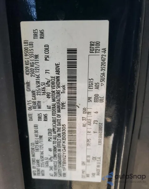 2015 Ford Transit T-350 из США, поврежденный, VIN 1FTBW2YG4FKB09305